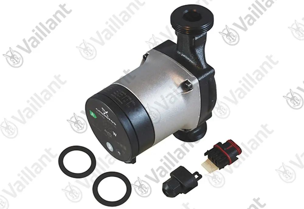 Vaillant Pumpe in silber-schwarz mit zwei Dichtungsringen und einer kabelgebundenen Anschlusssteckdose, auf neutralem Hintergrund.